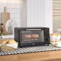 HOMCOM Mini Oven, 9L Countertop Electric Grill, Toaster Oven with Adjustable Temperature, Timer, Dishwasher Safe Baking Tray and Wire Rack, 750W, Black(m-2)