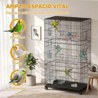 PawHut Jaula Grande para Pájaros con Ruedas 6 Comederos Bandeja Extraíble Múltiples Puertas 3 Perchas 77x46,5x141 cm Negro(m-4)