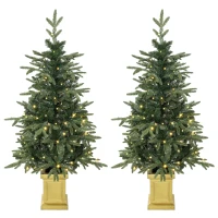 HOMCOM Set of 2 Prelit Christmas Trees with Dual-Colour LEDs, Remote, 4ft Artificial Aspen Fir Battery-Operated, 11 Modes, Pot(m-1)