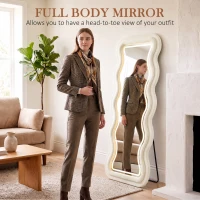 HOMCOM Full Length Mirror, 160 x 60 cm Wavy Full Body Wall Standing Mirror with Velvet Frame and LED Light Strip, Cream White(m-5)