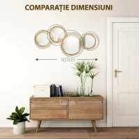 HOMCOM Decorațiune murală 3D din metal, decor de perete cu cercuri și oglinzi, 107x56 cm, auriu(m-7)