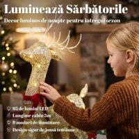Outsunny Ren de Crăciun Iluminat cu Sanie, 95 LED-uri, Înălțime 125 cm, Auriu(m-5)