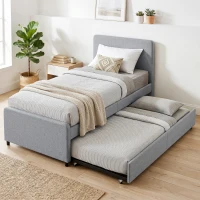 HOMCOM Lit gigogne 90 x 190 cm, cadre de lit simple/double avec sommier à lattes en bois, tête et pied rembourrés, gris clair(m-14)