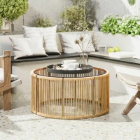 Outsunny Table Basse de Jardin Ronde en Résine Tressée, Plateau en Verre Trempé et Cadre en Acier Galvanisé, 70x70x33cm, Marron(m-2)