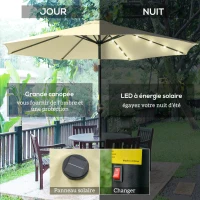 Outsunny Parasol de Jardin Extérieur Rond Ø 265 cm, Lumières LED Solaires, Manivelle Inclinable, Mât en Acier, 8 Baleines, Beige(m-4)
