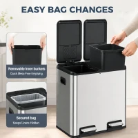 HOMCOM 2 x 20L Double Kitchen Bin, Stainless Steel Pedal Rubbish Bin with Dual Compartments, Soft Close Lids, Silver Tone(m-7)