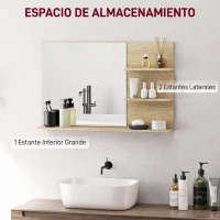 kleankin Espejo de Baño de Pared con 2 Estantes Laterales y Estante Inferior para Entrada Pasillo 75x10x48 cm Madera Natural(m-4)