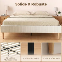 HOMCOM Cadre de Lit 140 x 190 cm avec Sommier, Lit Double Rembourré en Velours Côtelé, Espace de Rangement Au-Dessous, Crème(m-5)
