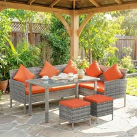 Outsunny 6-Seater Rattan Dining Set Sofa Table Footstool Outdoor w/ Cushion Garden Furniture, Orange(m-2)