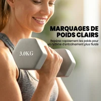SPORTNOW Lot de 3 Paires d'Haltères Hexagonaux Antidérapants 18 kg en Fonte, Revêtement PVC, avec Support en Bois, Gris Clair(m-7)