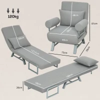 HOMCOM Single Sofa Bed, 3-in-1 Convertible Folding Chair Bed with Adjustable Backrest, Removable Armrests, Light Grey(m-3)