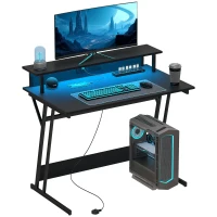 HOMCOM Gaming Desk with LED Lights and Power Outlets, 100 x 60cm Z Shaped Computer Desk with Monitor Stand and Steel Frame, PC Gaming Table for Home Office, Black(m-11)