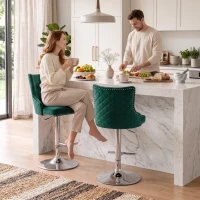 HOMCOM Bar Stools Set of 2, Modern Swivel & Adjustable Velvet Barstools with Button-Tufted Back, Footrest for Home Bar, Green(m-2)