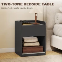 HOMCOM Modern Bedside Table, Slim Nightstand with Drawer, Shelf and Cable Holes, Black and Grey Wood Effect(m-6)