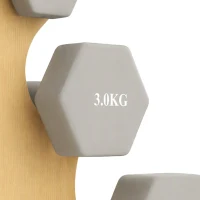 SPORTNOW Dumbbellset 3 paar 1 kg, 3 kg, 5 kg met houten standaard, antislip grip, hex halters van gietijzer, lichtgrijs(m-11)