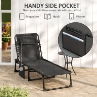 Outsunny Portable Sun Lounger, Folding Camping Bed Cot, Reclining Lounge Chair 5-position Adjustable Backrest with Side Pocket, Pillow for Patio Garden Beach Pool, Black(m-7)