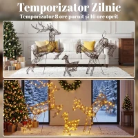 Outsunny Set 3 reni luminoși de Crăciun pentru exterior, 120 cm, 200 LED-uri alb cald, 8 moduri de iluminare, timer, maro(m-6)
