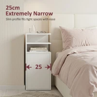 HOMCOM Slim Bedside Table Set of 2, Narrow Bedside Cabinet with Open Cubbies and Cupboard for Bedroom Living Room, White(m-4)