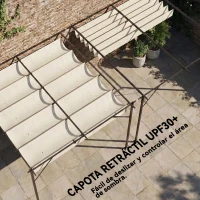 Outsunny Pérgola de Pared de Jardín 3x3 m con Techo Retráctil Protección UPF30+ Drenaje Cenador de Jardín para Exterior Crema(m-5)