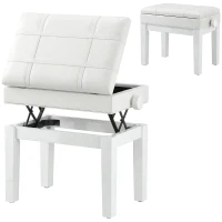 HOMCOM Banquette tabouret siège pour piano coffre intégré hauteur réglable bois hévéa assise revêtement synthétique blanc(m-13)