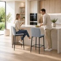 HOMCOM Modern Tall Chairs, Set of 2 Velvet Bar Stools with Footrest and Backrest, Kitchen & Living Room Stools, Grey(m-2)