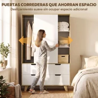 HOMCOM Armario Dormitorio Moderno con Puertas Correderas Barra para Colgar Estantes Ajustables y 4 Cajones Roble y Blanco(m-5)