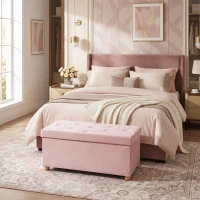 HOMCOM Velvet Upholstered Foldable Ottoman Footrest, Storage Ottoman Bench with Wood Legs for Living Room, Pink(m-2)