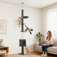 PawHut Arbore pentru Pisici la Tavan Înalt 220-240 cm cu Hamac, Căsuță, Platforme în Formă de Floare și Stâlpi din Sisal, Gri(m-10)