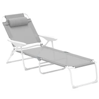 Outsunny Tumbona Plegable con Respaldo Ajustable Reposacabezas y Estructura de Metal 160x66x98 cm Gris y Blanco(m-1)