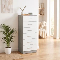 HOMCOM Cómoda de 6 Cajones Cajonera Alta para Dormitorio con Antivuelco 40x40x110 cm Gris Claro y Blanco(m-4)