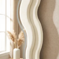 HOMCOM Full Length Mirror, 160 x 60 cm Wavy Full Body Wall Standing Mirror with Velvet Frame and LED Light Strip, Cream White(m-11)