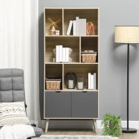 HOMCOM Modern Bookcase with Bottom Cabinet and 6 Open Shelves, Freestanding Bookshelf for Study Living Room Home Office, Natural and Dark Grey(m-7)