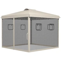 Outsunny Cenador de Jardín 3x3 m con Pared Lateral de Malla 6 Ventanas Altura Ajustable en 3 Niveles Protección Rayos UV30+ Beige(m-11)