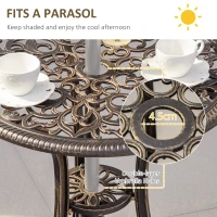 Outsunny 3 Piece Cast Aluminium Garden Bistro Set for 2 with Parasol Hole, Outdoor Coffee Table Set Rust Resistant with Cushions - Bronze(m-16)