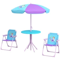 Outsunny Kids Picnic Table and Chair Set, Fairy Themed Outdoor Garden Furniture w/ Foldable Chairs, Adjustable Parasol(m-11)