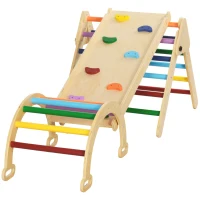 AIYAPLAY Joc de cățărare pentru copii cu triunghi și arc Montessori și rampă cu pietre din lemn de pin, 178x64,5x63 cm(m-12)