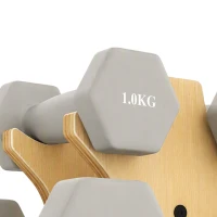 SPORTNOW Dumbbellset 3 paar 1 kg, 3 kg, 5 kg met houten standaard, antislip grip, hex halters van gietijzer, lichtgrijs(m-10)
