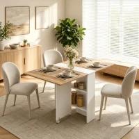HOMCOM Folding Dining Table, Drop Leaf Table with 2-Tier Shelves, Rolling Casters, White and Natural(m-2)