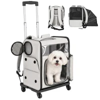 PawHut Dierentransporttas met wieltjes inklapbare transportbox voor honden katten tot 5 kg, ademende trolley Grijs(m-12)