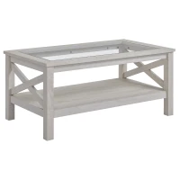 HOMCOM Mesa de Centro Mesa Auxiliar con Estante y Encimera de Vidrio Templado para Sala de Estar Dormitorio 100x55x45 cm Roble Blanqueado(m-10)
