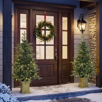 HOMCOM Set of 2 Prelit Christmas Trees with Dual-Colour LEDs, Remote, 4ft Artificial Aspen Fir Battery-Operated, 11 Modes, Pot(m-8)