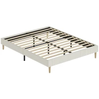 HOMCOM Cadre de Lit 140 x 190 cm avec Sommier, Lit Double Rembourré en Velours Côtelé, Espace de Rangement Au-Dessous, Crème(m-1)