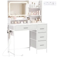 HOMCOM Dressing Table with 3-Colour LED Mirror, Power Outlet, Vanity Desk with 4 Drawers, 5 Shelves, Hair Dryer Holder(m-15)