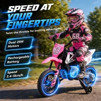AIYAPLAY Kids Electric Motorcycle, 12V Ride On Motorbike with Training Wheels, Soft Start, Suspension, Music for 3–6 Years, Pink(m-4)
