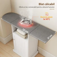 HOMCOM Dulap Compact cu Masă de Călcat Pliabilă pe Roți cu Raft Deschis și Dulap, 121x37x89 cm, Alb și Gri(m-4)