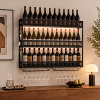 HOMCOM Wall-Mounted Wine Rack with LED Lights, Glass Holders, Open Shelf, Metal Storage Rack, Black(m-2)