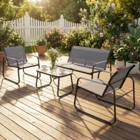Outsunny Salon de Jardin Ensemble de Terrasse en Acier et Textilène 4 Pièces avec Accoudoirs Corde Tressée Gris(m-10)