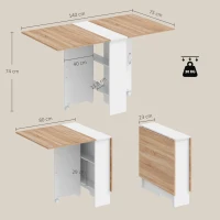 HOMCOM Folding Dining Table, Drop Leaf Table with 2-Tier Shelves, Rolling Casters, White and Natural(m-3)