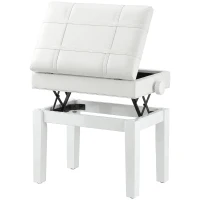 HOMCOM Banquette tabouret siège pour piano coffre intégré hauteur réglable bois hévéa assise revêtement synthétique blanc(m-12)