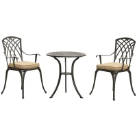 Outsunny 3 Piece Cast Aluminium Garden Bistro Set for 2 with Parasol Hole, Outdoor Coffee Table Set Rust Resistant with Cushions - Bronze(m-22)